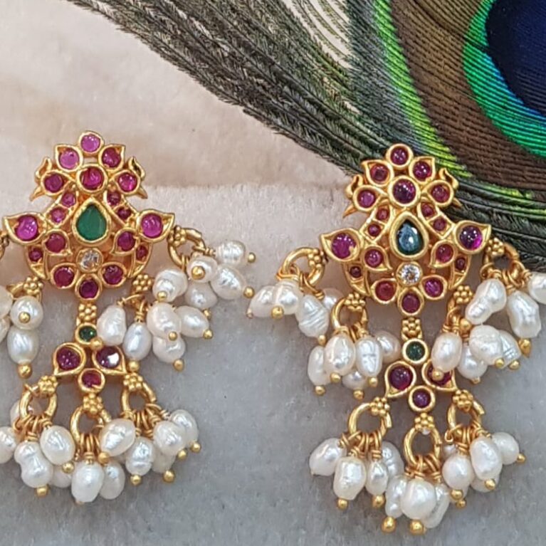 Pearl with Red Stone Earring