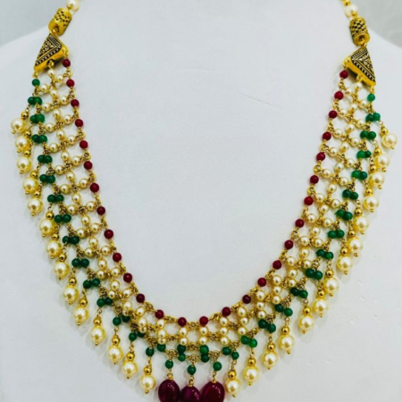 Green and Red Gemstone Pearl Necklace