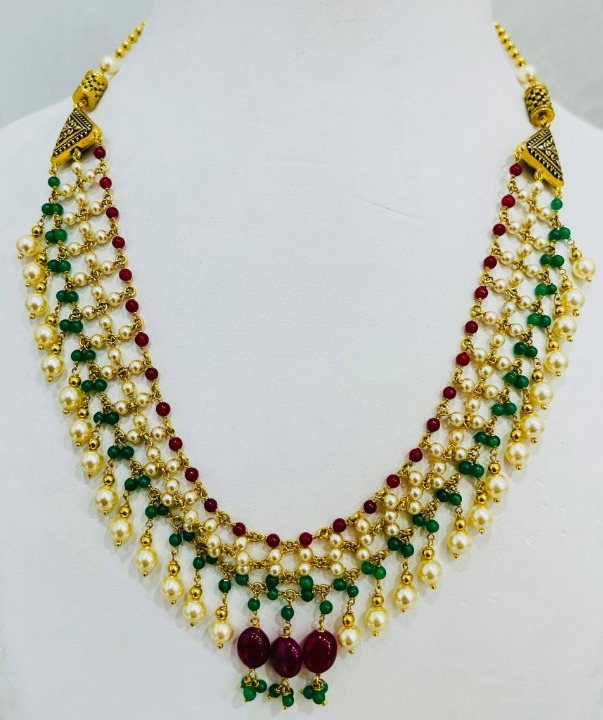 Green and Red Gemstone Pearl Necklace