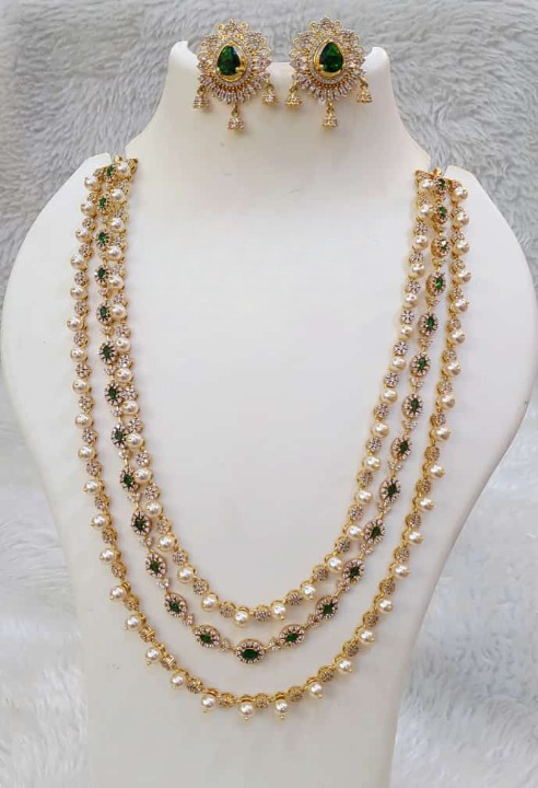 Green Gemstone with Pearl Long Necklace Set